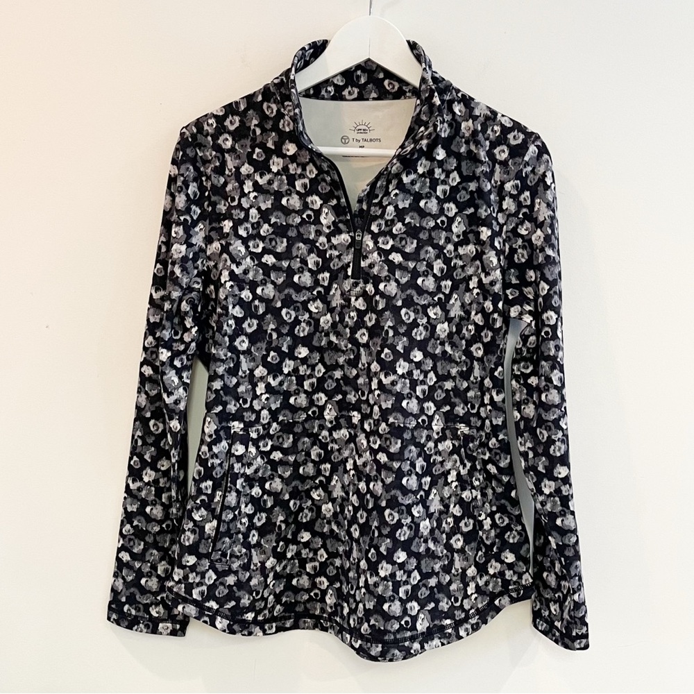 Talbots Over the Move Half Zip Black Blurred Floral Top UPF 50+ Size M Petite